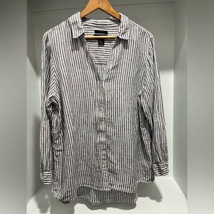 Tahari Blue White Striped 100% Linen Button Down Long Sleeve Shirt Tunic size 1X
